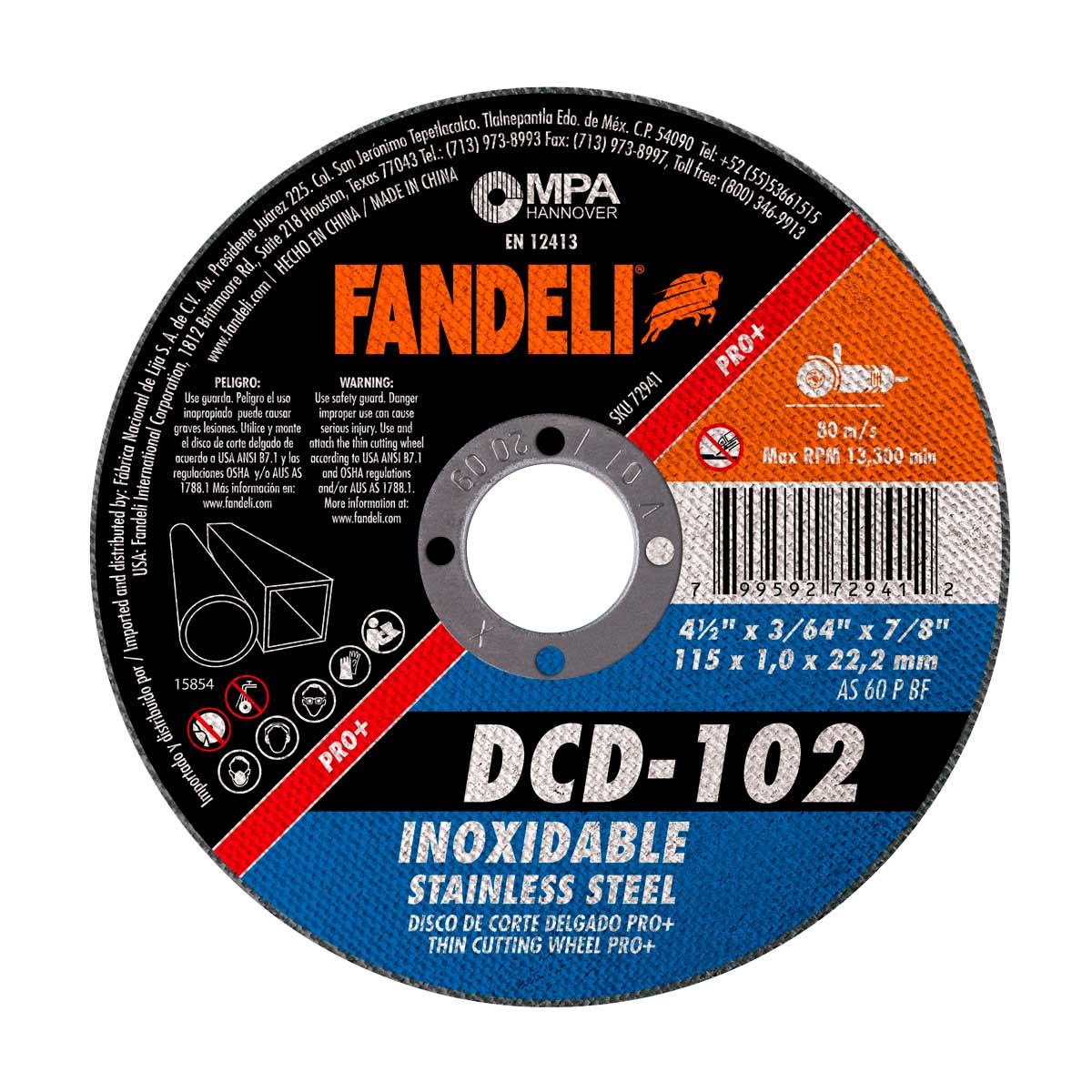 Disco para corte de acero inoxidable 4-1/2" DCD-102 Fandeli