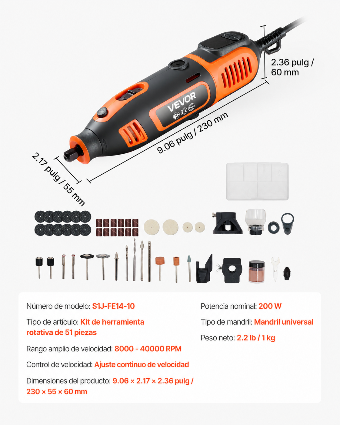 Kit de herramientas rotativas Electrica Vevor S1J-FE14-10- 51pzas
