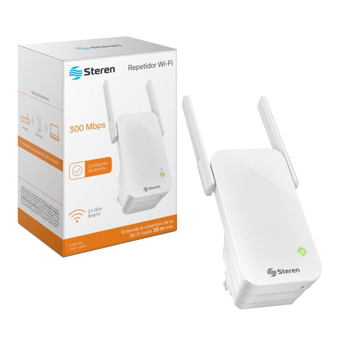 Repetidor Wi-Fi 300 Mbps, 2,4 GHz, hasta 30 m de cobertura COM-816 Steren